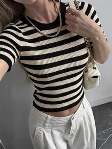 DAZY Women's Striped Halter Neck Fitted Knit Top - Black - View 6