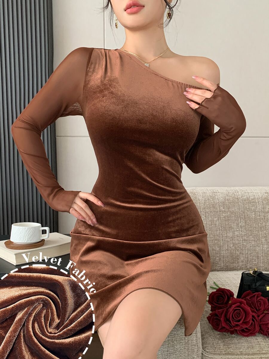 Modelyn 棕色不對稱單肩天鵝絨網紗長袖短洋裝,優雅性感收腰A字裙 - 棕色 - 查看 1