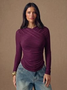 SHEIN BAE 女款純色抓皺長袖修身時尚T恤 - 中紫紅色 - 查看 5
