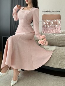 Modelyn Elegant Square Neck Pearl Embellished Long Sleeve Fitted Mermaid Dress - Pink - View 11