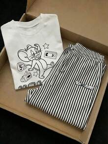 TOM & JERRY X SHEIN SHEIN EZwear 大尺碼女款卡通印花短袖T恤與條紋長褲套裝，適合外出、街頭穿搭、機場造型 - 彩色 - 查看 3