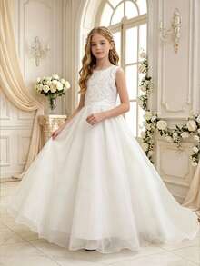 Ethereal Tween Girl Long Tail Dress With Exquisite Floral Applique, Sequins And Lace Bodice, Delicate Craftsmanship, Sleeveless Design, Waist-Flattering Snug Fit Fit, Back Tie Closure With 3D Bow, Extended Tulle Train, Pure White, Versatile For Weddings, Flower Girl, Piano Recital, Hosting, Runway, Birthday Party, Evening Gala, Elegant And Graceful - White - View 3