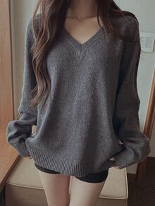 DAZY Women's Solid Color Loose V-Neck Long Sleeve Casual Vacation Autumn/Winter Knit Sweater - Grey - View 4