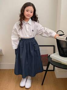 Dazy Kids تنورة كاجوال متعددة الاستخدامات بلون موحد للبنات المراهقات للاستخدام اليومي في فصل الخريف - أزرق بحري - مشاهدة 9