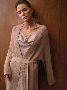 MOTF PREMIUM Cardigan Wanita Warna Polos dengan Hiasan Batu Permata Imitasi, Potongan Longgar, dan Sabuk. - Aprikot - View 7