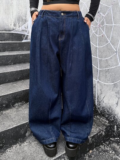 Jeanoix Plus Size Women's Casual Denim Wide Leg Pants With Pockets