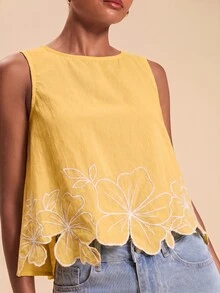 Travachic 女款花卉刺繡圖案休閒日常無袖上衣 - 黃色 - 查看 6