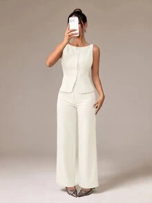 SHEIN PETITE 女款純色圓領單排扣背心與長褲優雅通勤套裝，夏秋服飾套組，辦公室穿著商務休閒兩件式 - 米色 - 查看 3