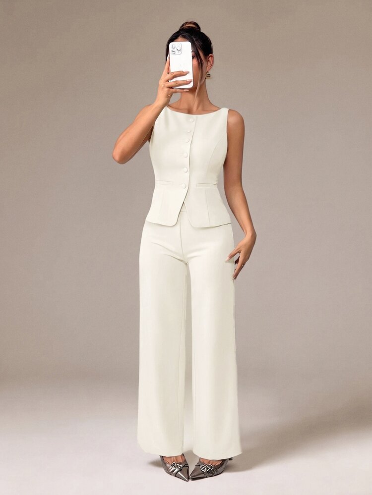 SHEIN PETITE بدلة نسائية أنيقة للتنقل اليومي بلون موحد وياقة دائرية وسترة بصف واحد من الأزرار مع بنطال، ملابس نسائية للصيف والخريف، طقم نسائي للمكتب والعمل الكاجوال، ملابس نسائية من قطعتين، ملابس مكتبية نسائية للخريف، طقم نسائي، طقم بليزر نسائي - بيج - مشاهدة 3