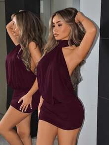 SHEIN ICON Vestido mini ajustado con cuello alto, espalda descubierta y fruncido - Morado - Ver 1