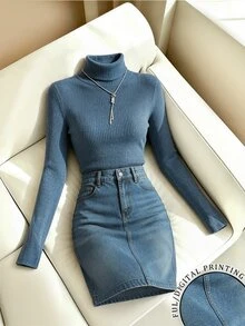 SHEIN Franclia Women's Long Sleeve Versatile Top And Denim Effect Print Mini Skirt 2 Pieces Set - Blue - View 5