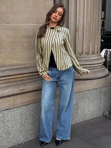 Aloruh Women's Autumn/Winter New Stand Collar Khaki Metal Button Striped Jacket Shirt,Going Out - Khaki - View 4