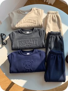 SHEIN 6件組小男孩可愛休閒冬季開學字母與熊圖案長袖秋季運動衫與慢跑褲套裝，兒童服飾 - 彩色 - 查看 6