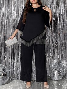 Reflora Plus Size Women Tassel Design Top And Long Pants Casual Daily 2 Pieces Set - Black - View 1