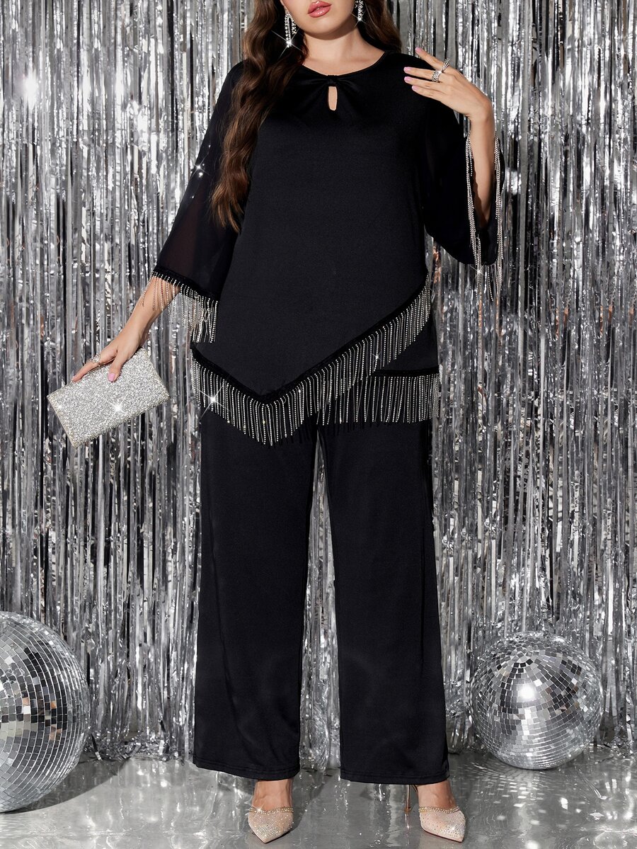 Reflora Plus Size Women Tassel Design Top And Long Pants Casual Daily 2 Pieces Set - Black - View 1