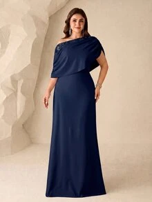 Coutiva 大尺碼女款純色不對稱肩優雅新娘母親禮服 - 藏蓝色 - 查看 5