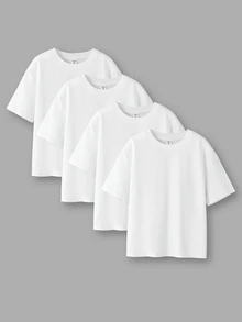SHEIN 夏季圓領短袖休閒男童素色落肩T恤 - 白色 - 查看 1