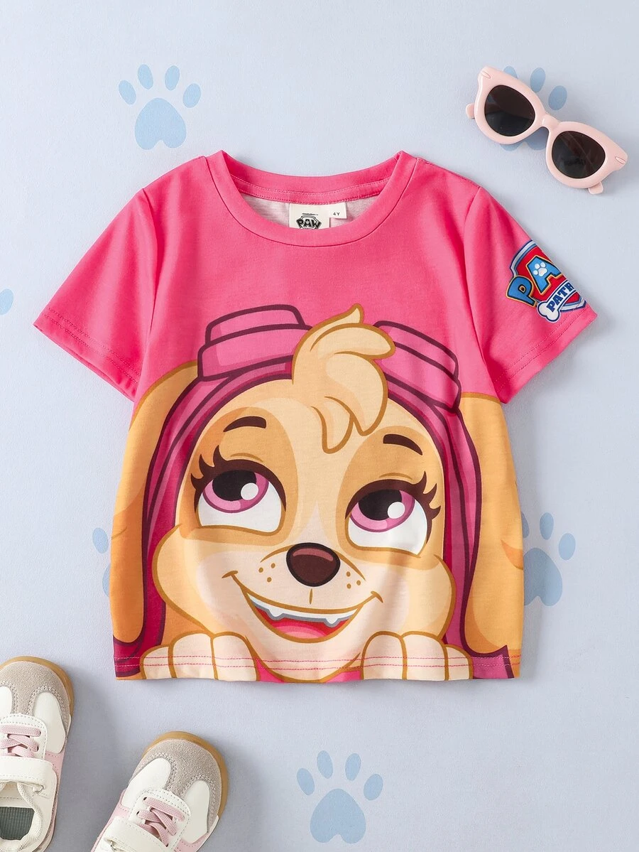 SHEIN | PAW Patrol 1 buah Kaos Kasual Seru untuk Anak Perempuan, Motif Kartun, Leher Bulat, Lengan Pendek, Nyaman - Berwarna merah muda - View 1