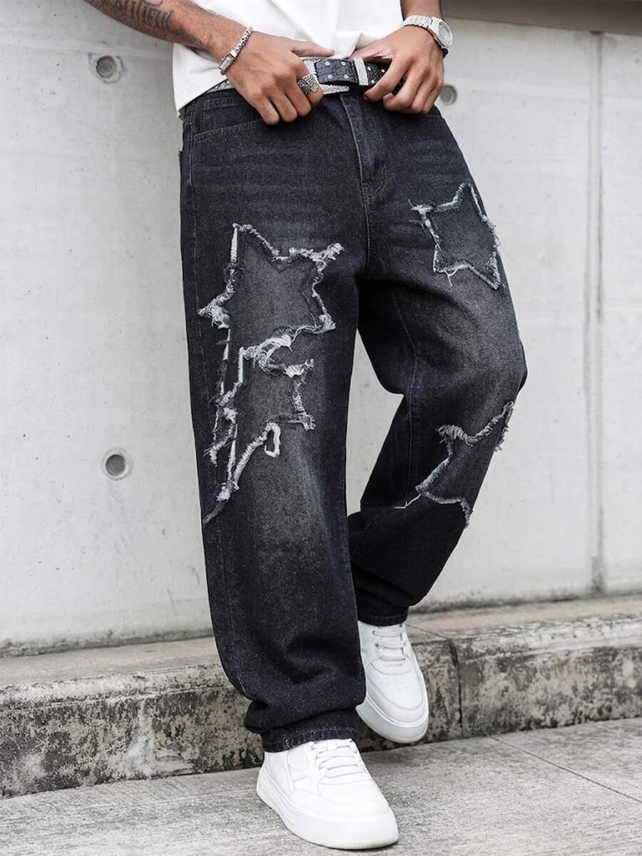 Manfinity EMRG 美式街頭風中性拼接刺繡毛邊牛仔褲 - 黑色 - 查看 1