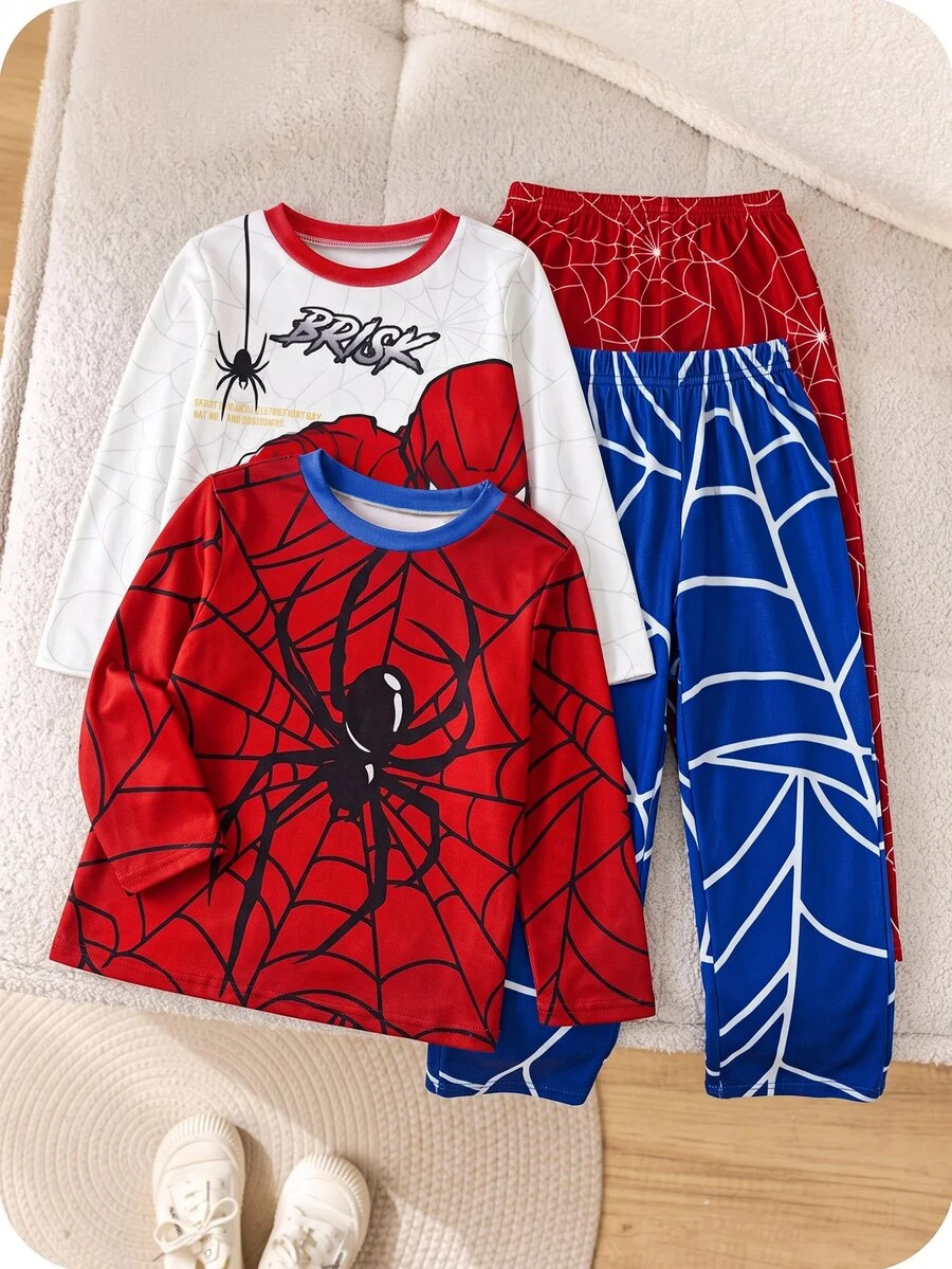 SHEIN Kids Young Boy Simple Solid Color Crew Neck Long Sleeve T-Shirt + Woven Plaid Pattern Loose Casual Pants 4-Piece Pajama Set, Soft Comfortable Casual Home Sleepwear Set 2 Pieces, Suitable For All Seasons