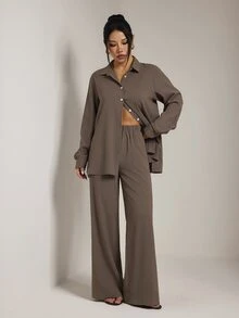 SHEIN PETITE Women's Casual Commute Solid Color Shirt And Pants Set - Brown - View 5
