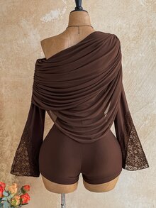Soleia Women's Plus Size Asymmetrical Shoulder Casual Daily Wear Romper - Brown - View 2