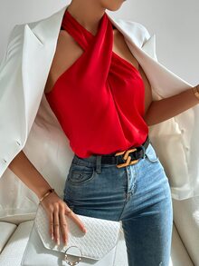 SHEIN Tall Women's Solid Color Fashion Versatile Criss-Cross Halter Neck Tank Top - Red - View 4