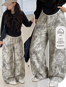 兒童青少年女孩枝條印花寬腿牛仔長褲 - 彩色 - 查看 2