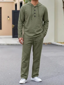 DAZY Spring/Autumn Military Green Hooded Pullover Button Half-Zip Elastic Waist Pants Men's Hoodie Set - Army Green - View 7