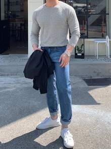 DAZY 春秋款純色灰色落肩袖修身彈性面料男士T恤 - 灰色 - 查看 6