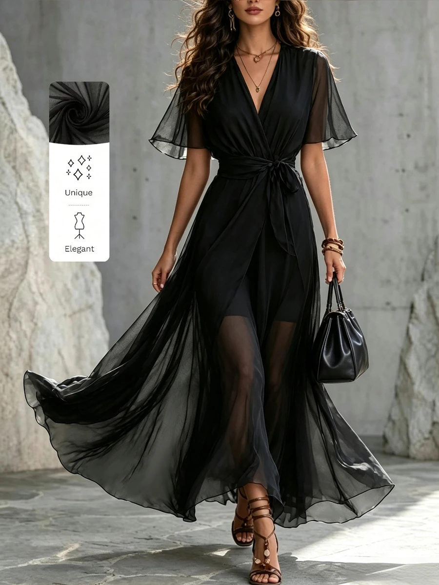 SHEIN 女款網紗V領百褶休閒派對長洋裝 - 黑色 - 查看 1