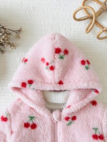 SHEIN 女嬰休閒純色可愛愛心圖案毛絨連帽冬季外套 - 彩色 - 查看 3