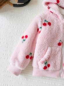 SHEIN 女嬰休閒純色可愛愛心圖案毛絨連帽冬季外套 - 彩色 - 查看 4