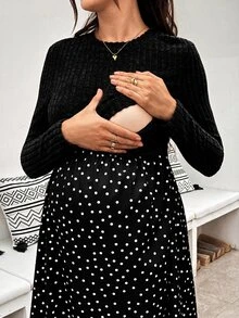 SHEIN Maternity Patchwork Polka Dot Pattern Round Neck Long Sleeve Nursing Dress - Black - View 7