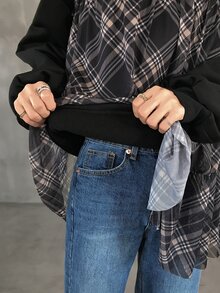 FRIFUL Women's Casual Plaid Patchwork Sweatshirt, Autumn - Black - View 3