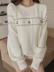 DAZY Women's Colorblock Pattern Jacquard Loose Long Sleeve Cable Knit Pullover Sweater, Casual Vacation Spring/Autumn - White - View 3