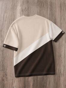 Manfinity Joysei Men's Casual Color Block Letter Print Crew Neck Short Sleeve Brown T-Shirt - Brown - View 2