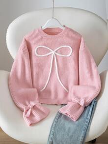 SHEIN Girls' Pink Fashionable Bow Pattern Jacquard Knit Pullover Sweater Long Sleeve Top - Pink - View 1
