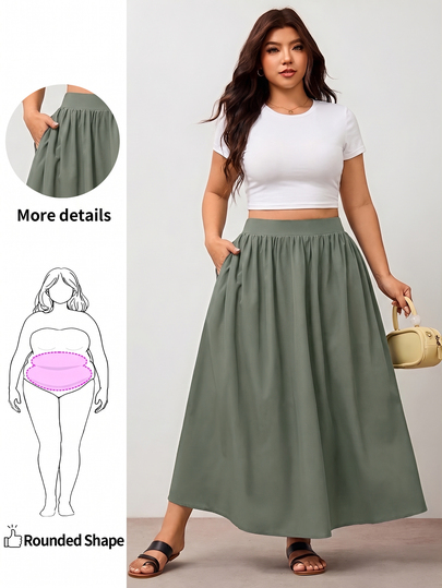 Enliva Plus Size Women's Army Green A-Line Skirt With Pocket Details, Elastic Waist, Suitable For Office Commute And Casual Outings Fall