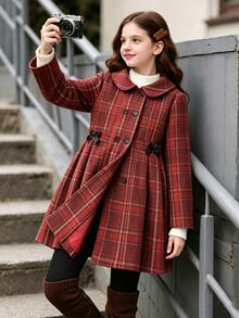 SHEIN Tween Girls' Back To School Autumn Vintage Red Plaid Overcoat With Bow Decor, Peter Pan Collar, Double-Breasted Daily Jacket - Red - View 6