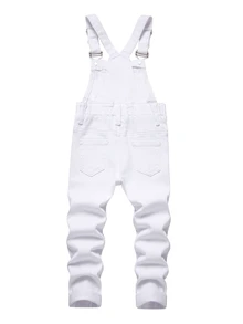 SHEIN 男童白色牛仔破洞修身吊帶長褲 - 白色 - 查看 2