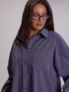 MUSERA Plus Size Blue Stripe Button Down Shirt Top Winter Fall Womens Outfit Casual - Grey - View 5