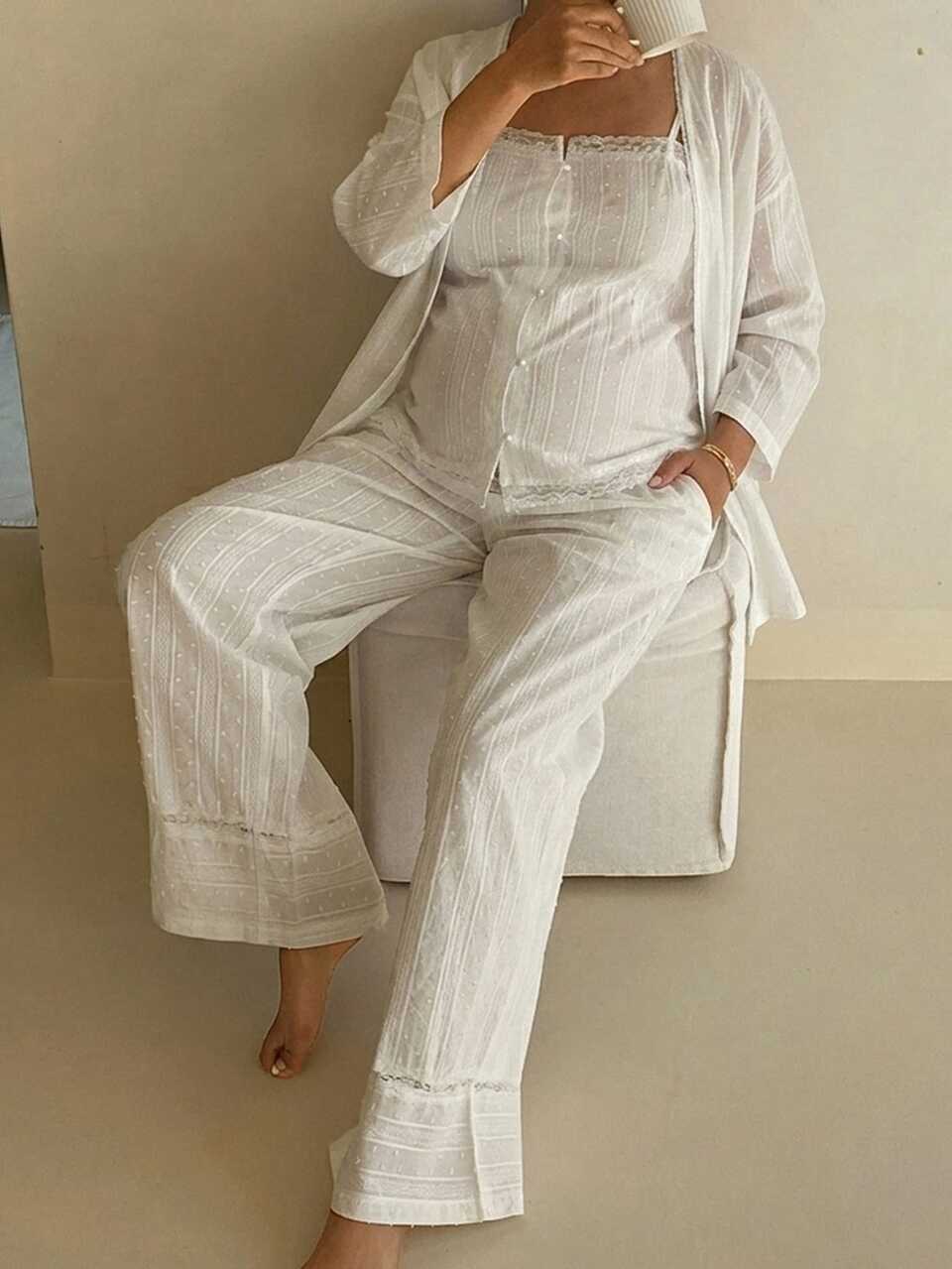 Textured Fabric Fitted Camisole Loose Cardigan Straight Leg Pants Casual Daily Vacation Spring Autumn 3 Pieces Set Maternity 2 Pieces Set