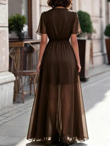 SHEIN Women's Mesh V-Neck Pleated Casual Party Long Dress - Brown - View 2