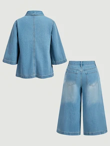LUMIGAL Women's V-Neck 3/4 Sleeve Top And Wide Leg Pants Casual Denim Set - Blue - View 5