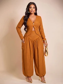 Brilight Textured 2 Pieces Set V Neck Crop Blazer Drawstring Wide Leg Pants Elegant Outfit For Teachers' Day Daily Office Corporate Rust Brown Autumn - Burnt Orange - View 13