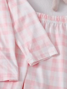Baby Girl Pink Plaid Lapel Long Sleeve Loungewear Set, Cute Cartoon Expression Rabbit Print Long Sleeve Top And Pants 2-Piece Set - Pink - View 6