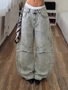 StreetHx 休閒 Y2K 街頭風 Grunge 歐美街頭風復古解構低腰牛仔彎腿褲 外出夜生活淺藍色夏季 - 淺色水洗藍 - 查看 3