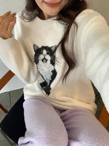 DAZY Cute Cat Pattern Autumn/Winter Knitted 2-Piece Women's Pajama Set - Apricot - View 4