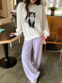 DAZY Cute Cat Pattern Autumn/Winter Knitted 2-Piece Women's Pajama Set - Apricot - View 10